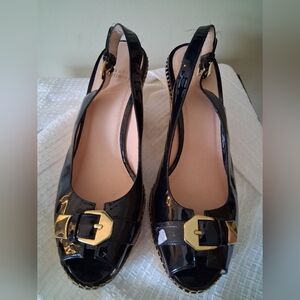 Stuart Weitzman Black Patent Leather Slingback Wedges with Gold Buckle